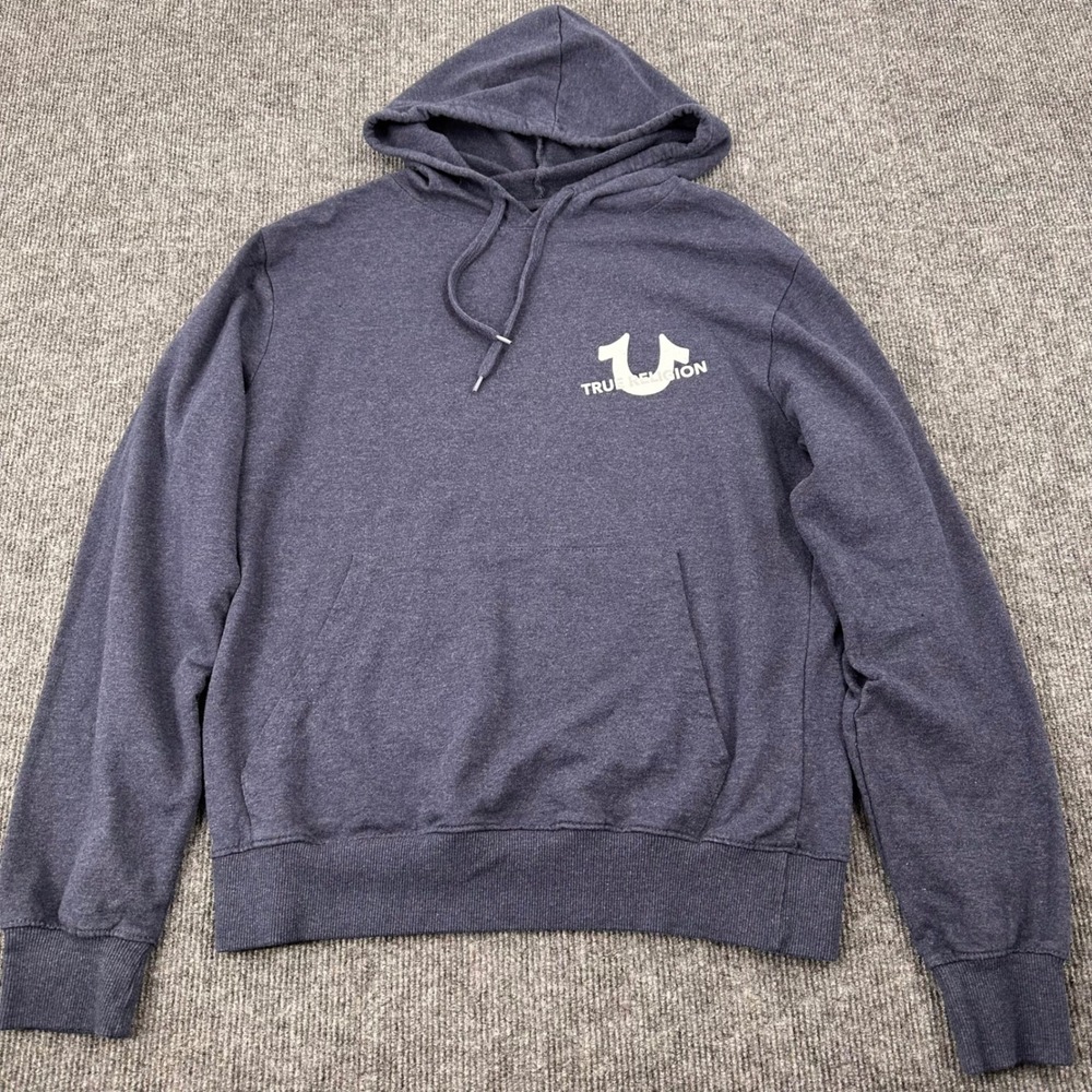 True Religion Hoodie Mens Medium Logo Graphic Navy Blue Modern Casual
